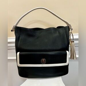 Spectator Style, Beige & Black-Pebble Leather Large Hobo/Shoulder Bag.